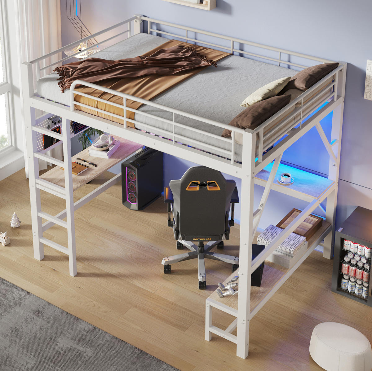 HOCHBETT aus Metall und MDF 160x200 cm Weiß mit Schreibtisch, LED-Leiste und USB-Type-C-Anschluss - Weiß, Metall (160/200cm) - Modfu