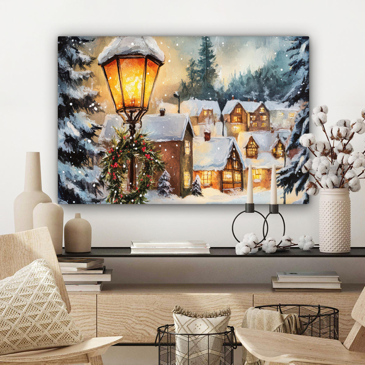 LEINWANDBILD Weihnachtsdorf - Häuser - Schnee - Weihnachten Wanddeko 90x60 cm - Sandfarben, Textil (90/60cm) - MuchoWow