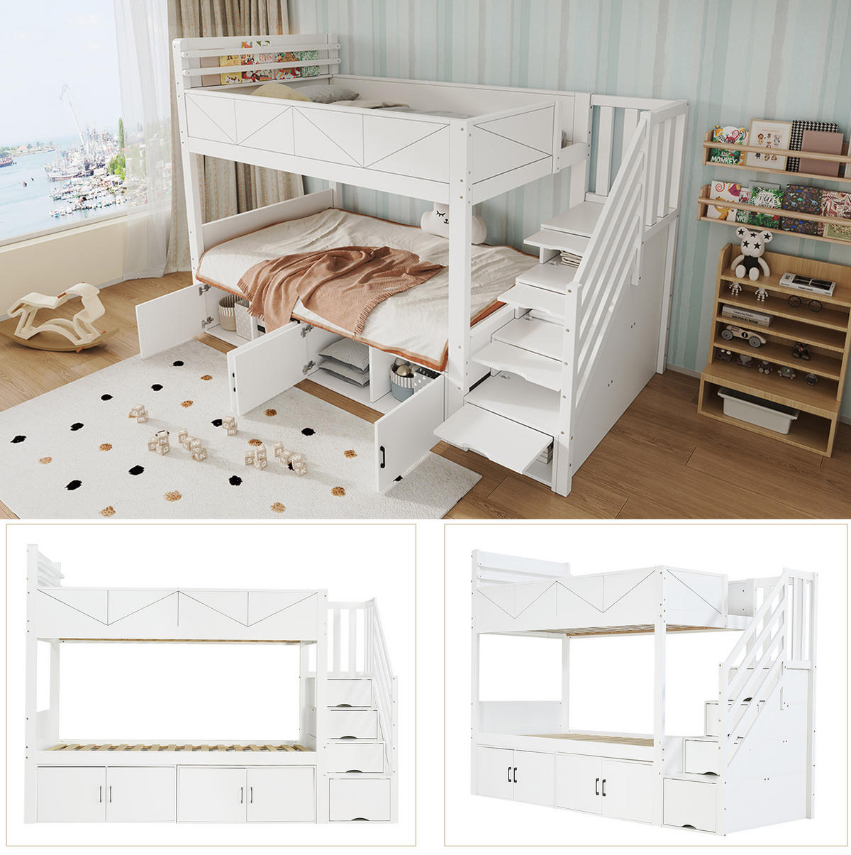 ETAGENBETT 90/200 cm aus Holz mit Stauraumtreppe, Weiß - Weiß, Holz (90/200cm) - OKMYHOME