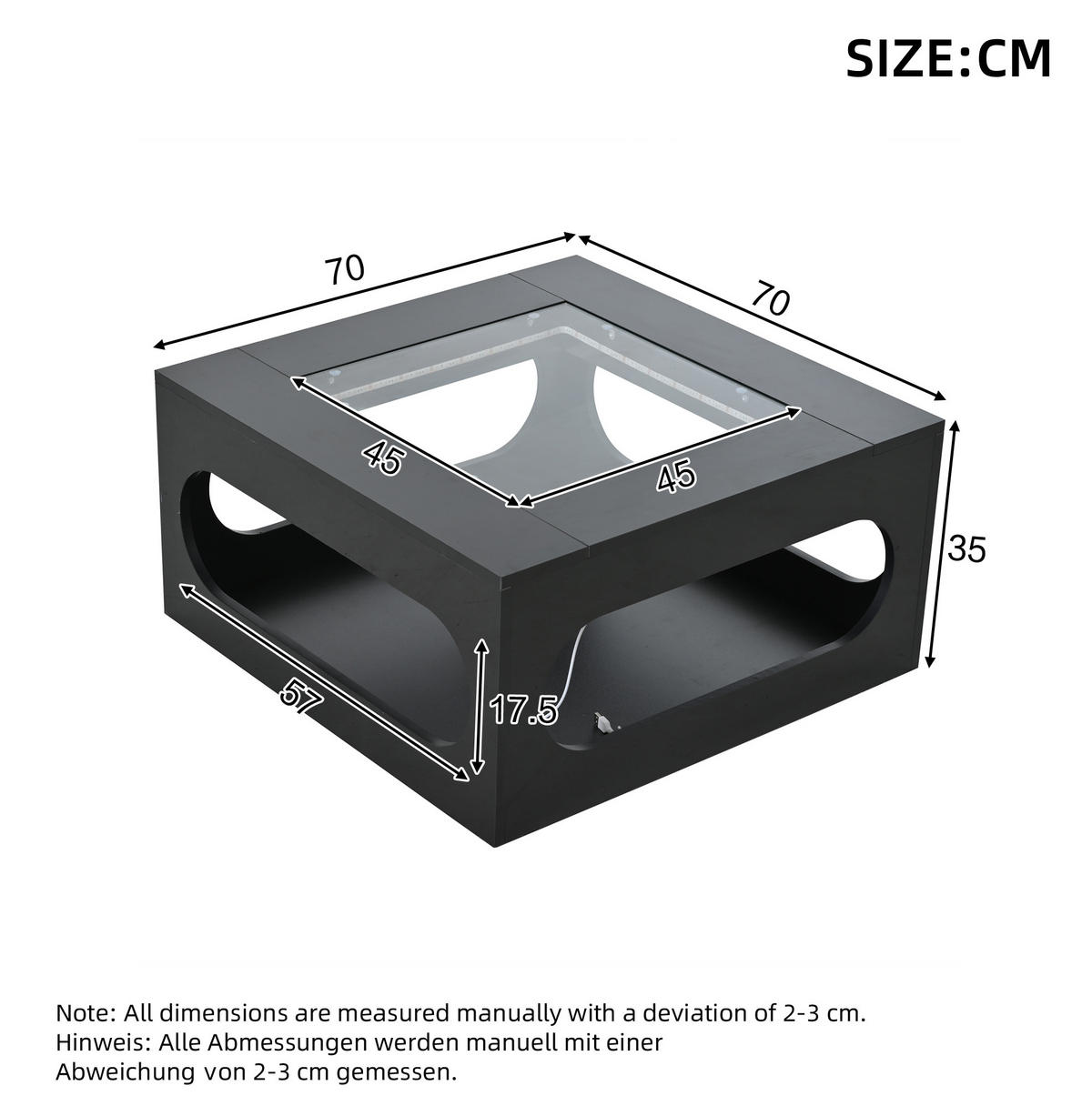 COUCHTISCH 70/70/35 cm mit LED-Beleuchtung, Glasplatte und Stauraum, MDF, Schwarz - Schwarz, Holzwerkstoff (70/70/35cm) - Redom