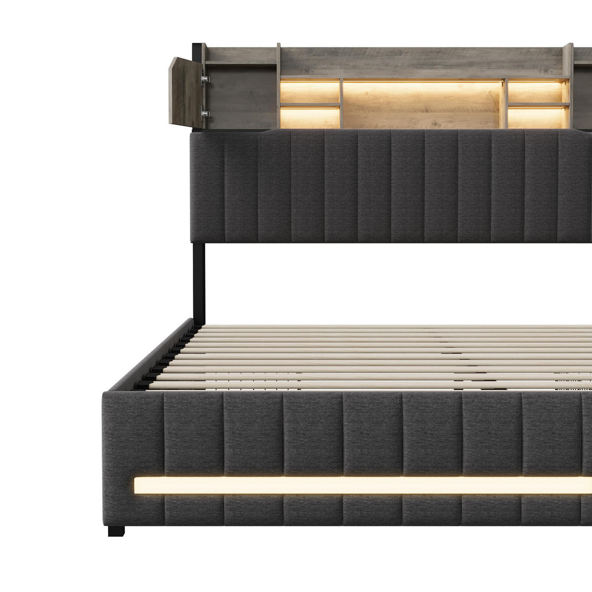 POLSTERBETT 140x190 cm LED USB 4 Schubladen Lattenrost Leinen grau - Grau, Holz (140/190cm) - LEBENLANG