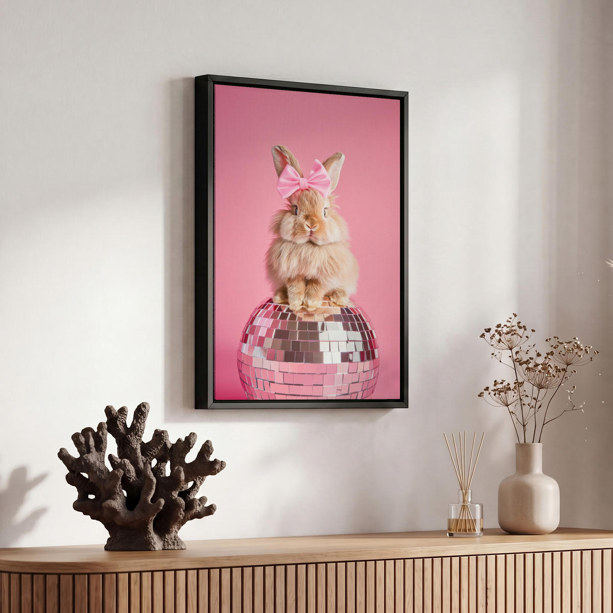 LEINWAND Bilder mit Rahmen - Schleife - Discoball - Kaninchen - 20x30 - Pink, Textil (20/30cm) - MuchoWow