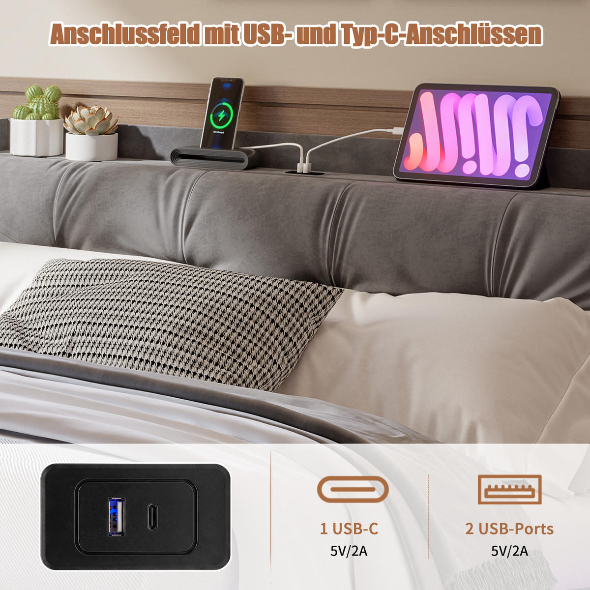 ČALÚNENÁ posteľ 160x200 cm, zamatovosivá, s boxom na posteľ, LED a USB-C - sivá, drevo (160/200cm) - SHOPENTRA