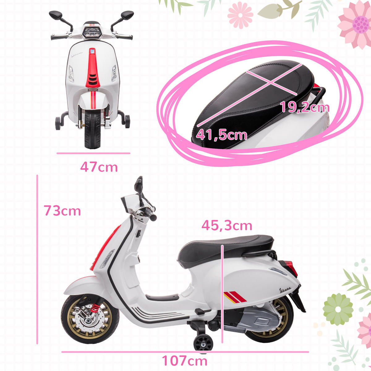 KINDER Elektro-Motorrad, 6V Kindermotorrad mit MP3, USB, FM-Radio, Scheinwerfer - Weiß, Kunststoff (107/47/73cm) - AIYAPLAY