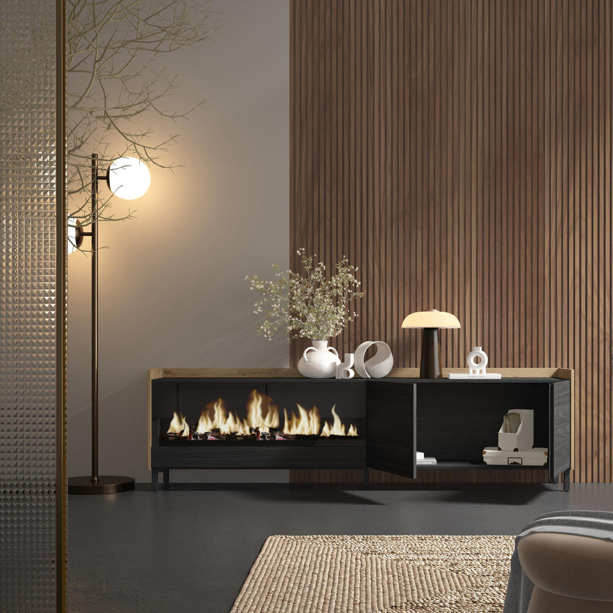 LOWBOARD, Schwarz und Eiche, 212/35/61cm, Kamin mit Feuereffekt XXL - Schwarz, Holzwerkstoff (212/61/35cm) - Skraut Home