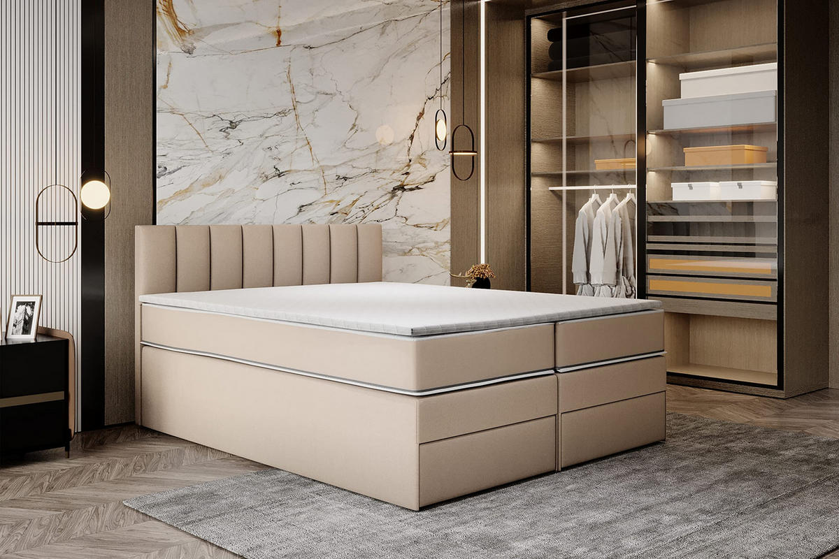 KONTINENTALBETT 100x200 cm mit Schubladen und Taschenmatratze, MIAMI, Visco Topper 5 cm, Beige - Beige, Holzwerkstoff/Kunststoff (100/200cm) - Trada