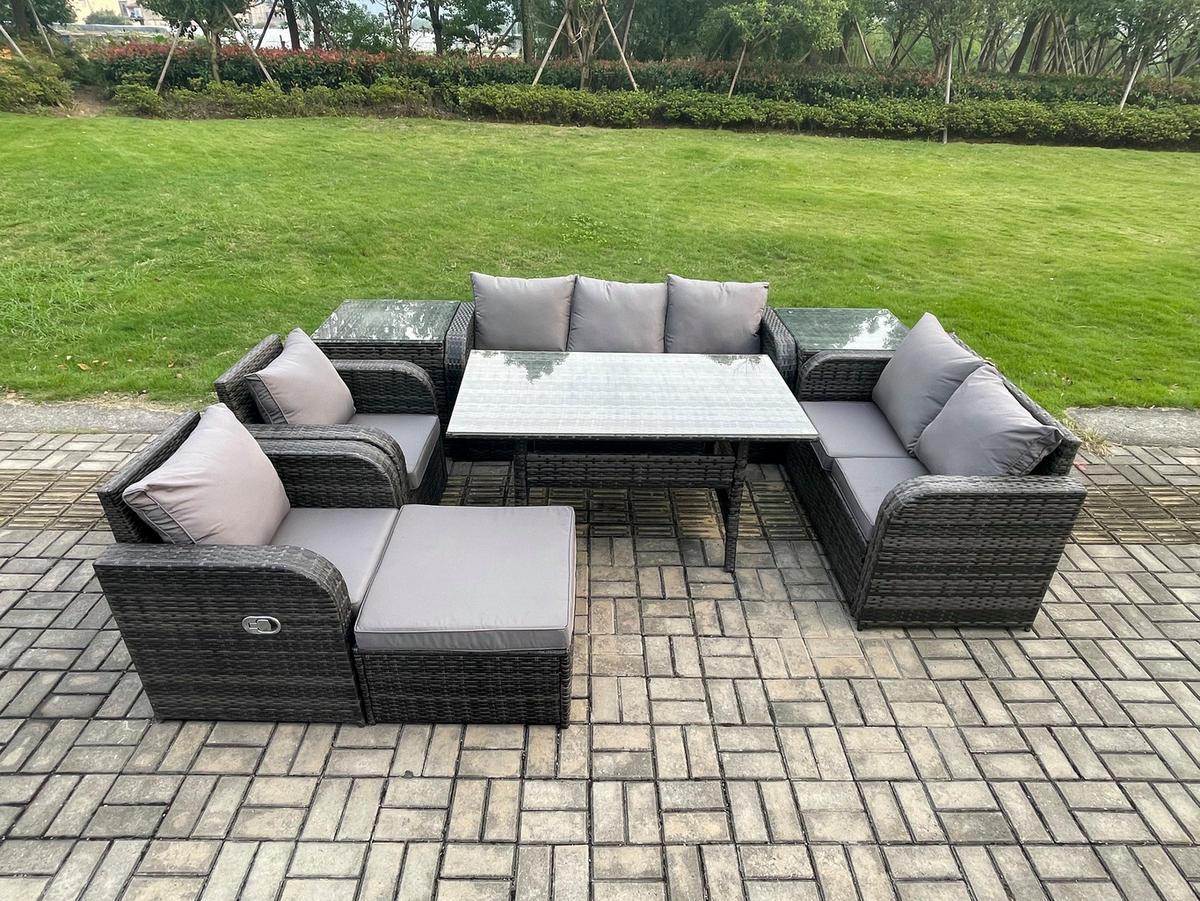 Gartenmöbelset mit Esstisch,3-Sitzer Sofa,Beistelltisch,Hocker Polyrattan Dunkelgrau 8-Sitzer - Dunkelgrau/Grau, Glas/Kunststoff - Fimous