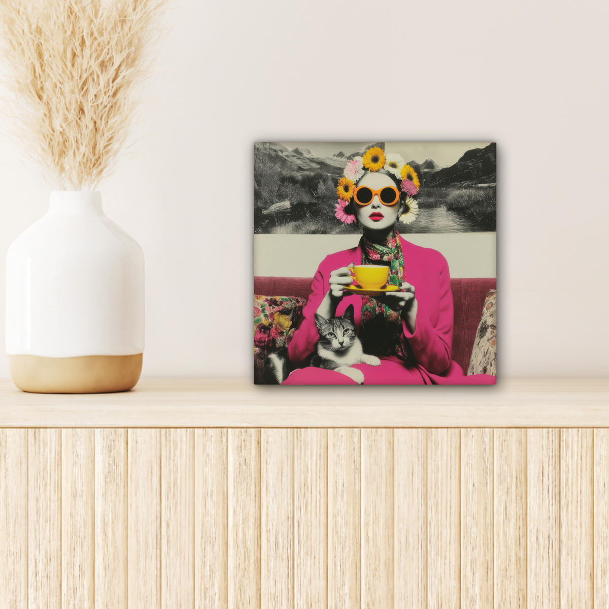 LEINWANDBILD Frau - Katze - Blumen - Tasse - Retro Deko Wohnzimmer 20x20 cm - Magenta, Textil (20/20cm) - MuchoWow