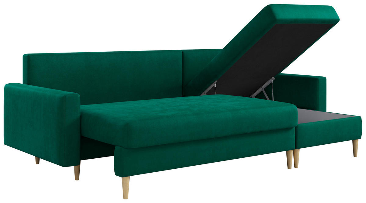 ECKSOFA Lang Velvet Dunkelgrün - Dunkelgrün/Braun, Holz/Textil (220/140cm) - MKS