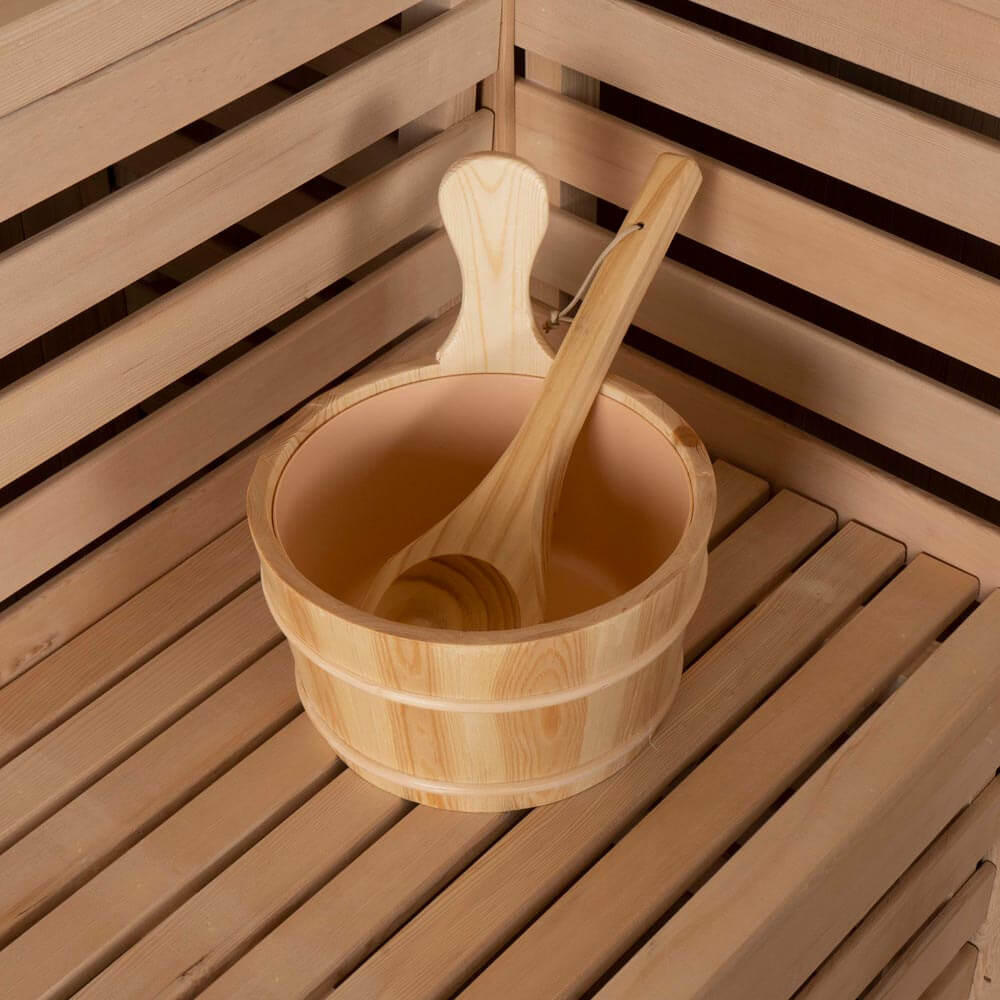 SAUNA SKYLINE XL - Ausstattung: Mit Holzwand, Größe: 150 x 150 x 150 x 200 cm - Naturfarben, Holz (150/200/150cm) - Home Deluxe