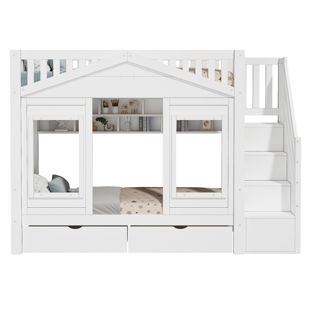 ETAGENBETT 90/200 cm DE-32831 mit Stauraumtreppe und Haus-Design Weiß - Weiß, Holzwerkstoff (90/200cm) - ComfortXL