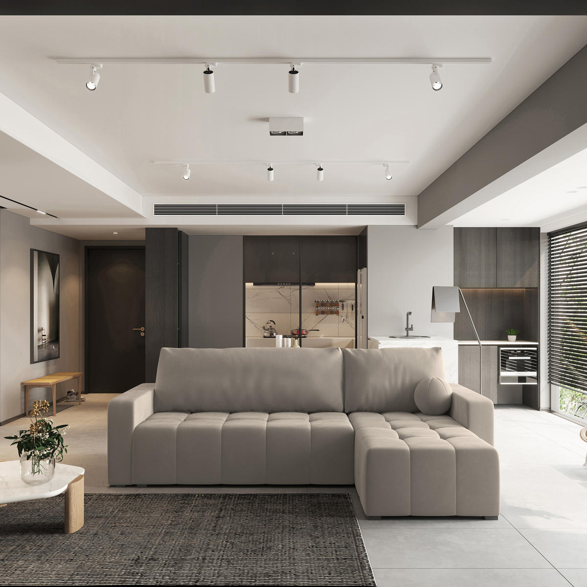 ECKSOFA VOLIRA Beige Plüsch-Stoff mit Schlaffunktion - Beige, Holz (230/143cm) - MASSENO