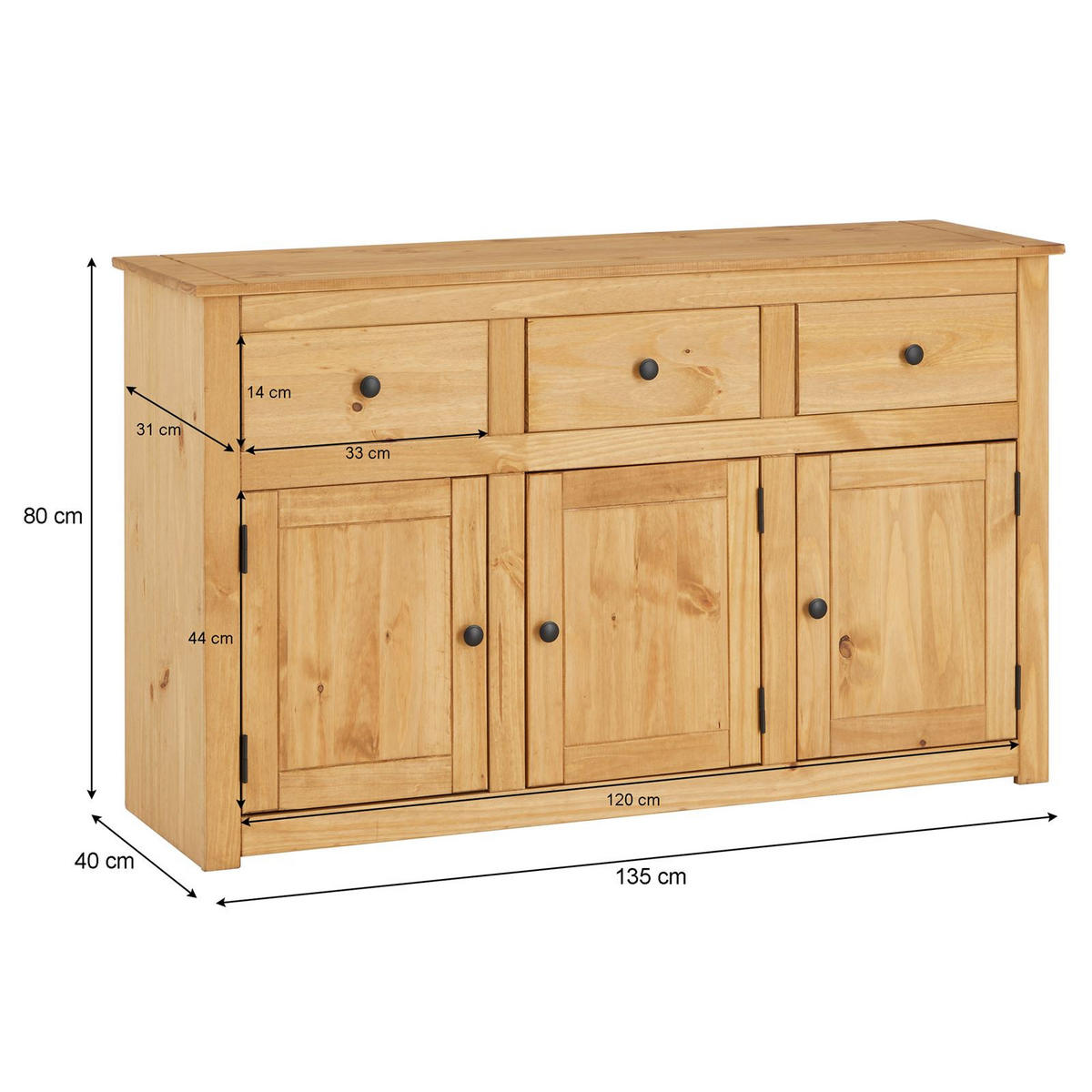 SIDEBOARD CANCUN gebeizt/gewachst - Kieferfarben, Holz (135/80/40cm) - CARO-Möbel