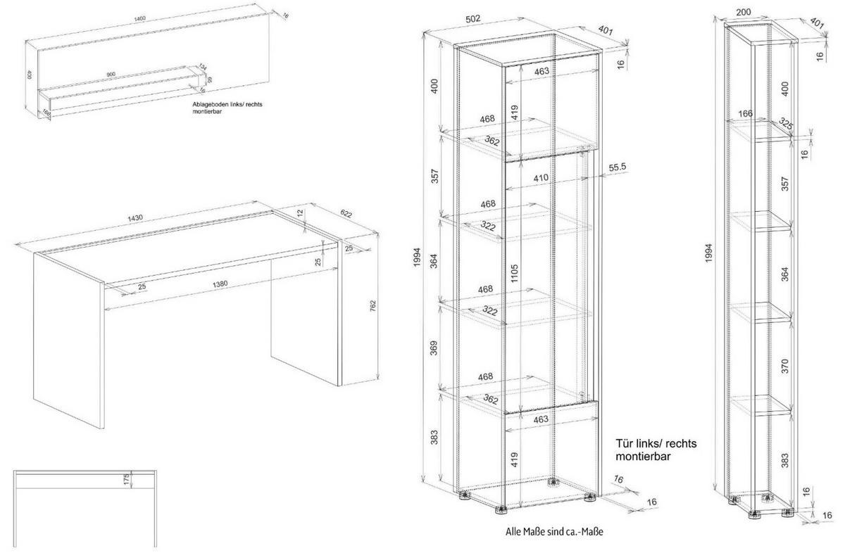 SCHREIBTISCHKOMBINATION 3-teilig grau matt, Eiche Wotan, Büromöbel Set mit viel Stauraum und 5 Ordnerhöhen - Eiche Wotan/Schwarz, Holzwerkstoff (62/213/200cm) - Furn.Design