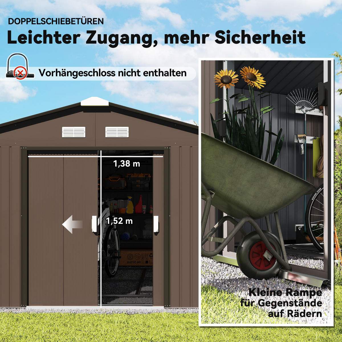 GERÄTESCHUPPEN DE-08104 mit Schiebetüren & Belüftungsfenstern Braun - Braun, Metall (386/200/340cm) - ComfortXL