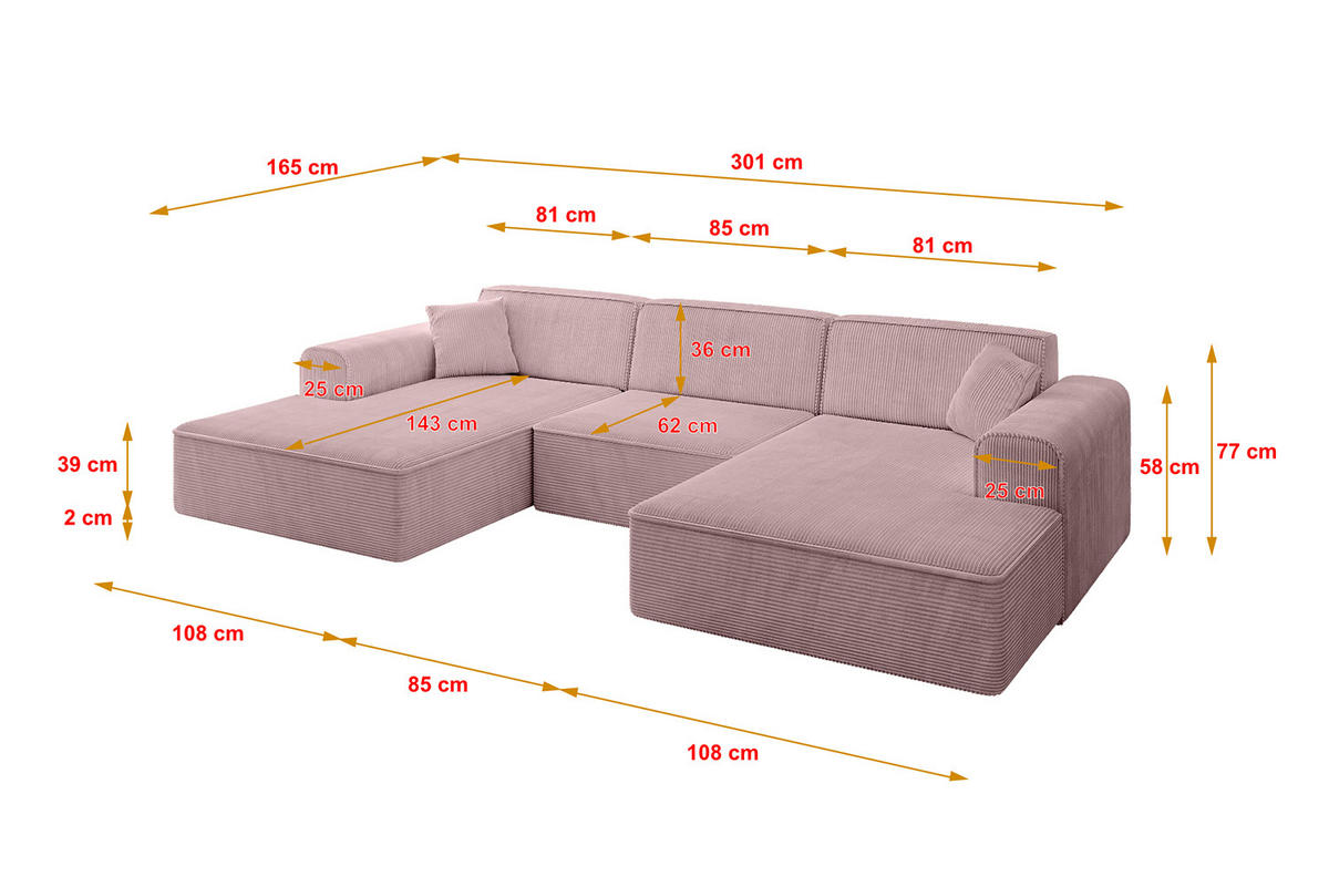 WOHNLANDSCHAFT IREA-U1-v3 - 301x165x77 cm Rosa - Rosa, Holzwerkstoff/Textil (301/77/165cm) - ALTDECOR