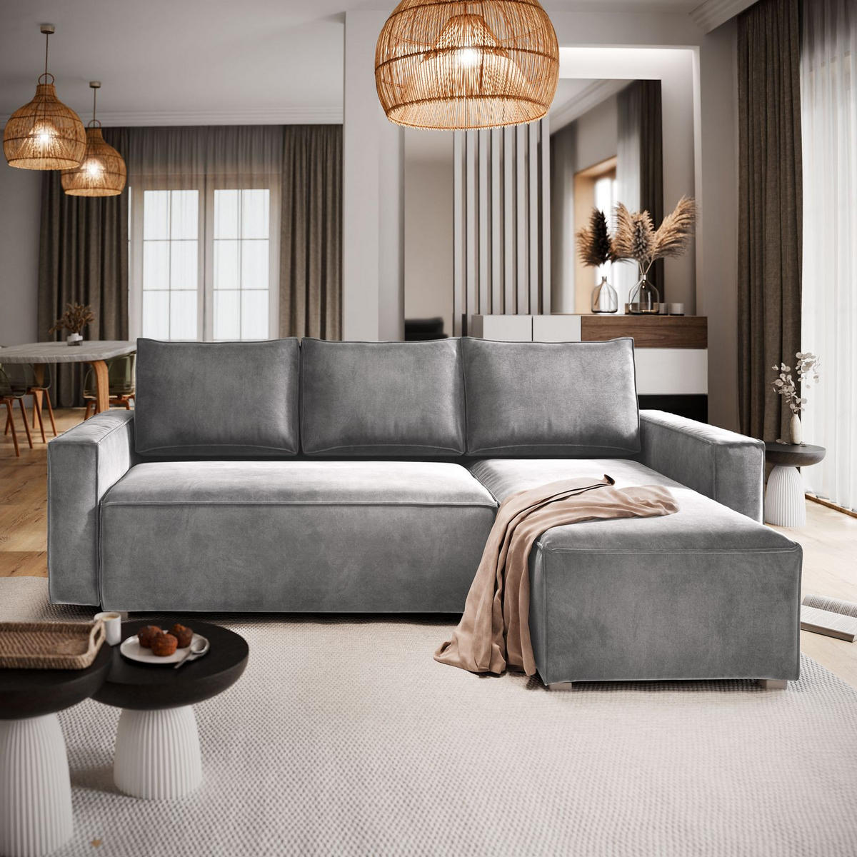 ECKSOFA SILES Hellgrau Velours-Stoff mit Schlaffunktion - Hellgrau, Holz (230/140cm) - MASSENO