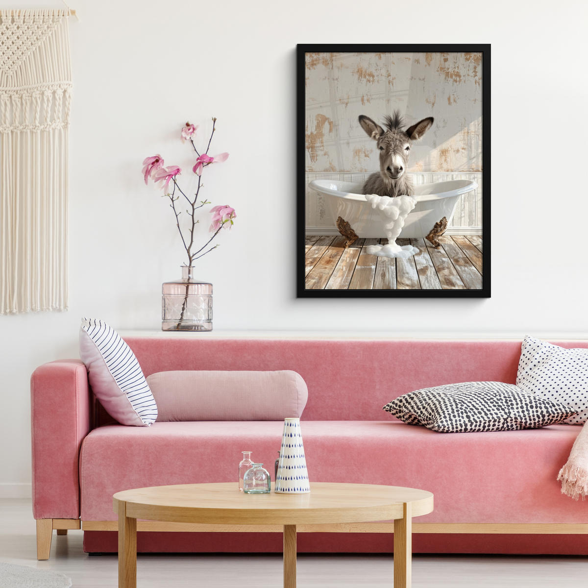 GERAHMTES BILD Esel - Tiere - Badewanne - Schaumstoff 60x80 cm - Weiß, Papier (60/80cm) - MuchoWow