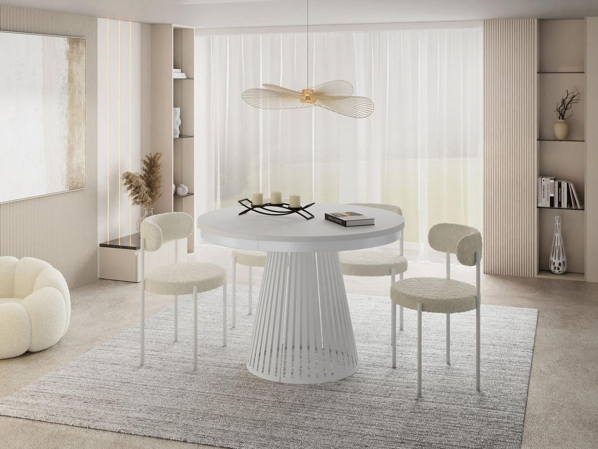 ESSTISCH Naro rund ausziehbar mit Weißem Lamellen-Metallgestell, Weiß 120-200/120/76 cm - Weiß, Holzwerkstoff/Metall (120/120/76cm) - WFL GROUP