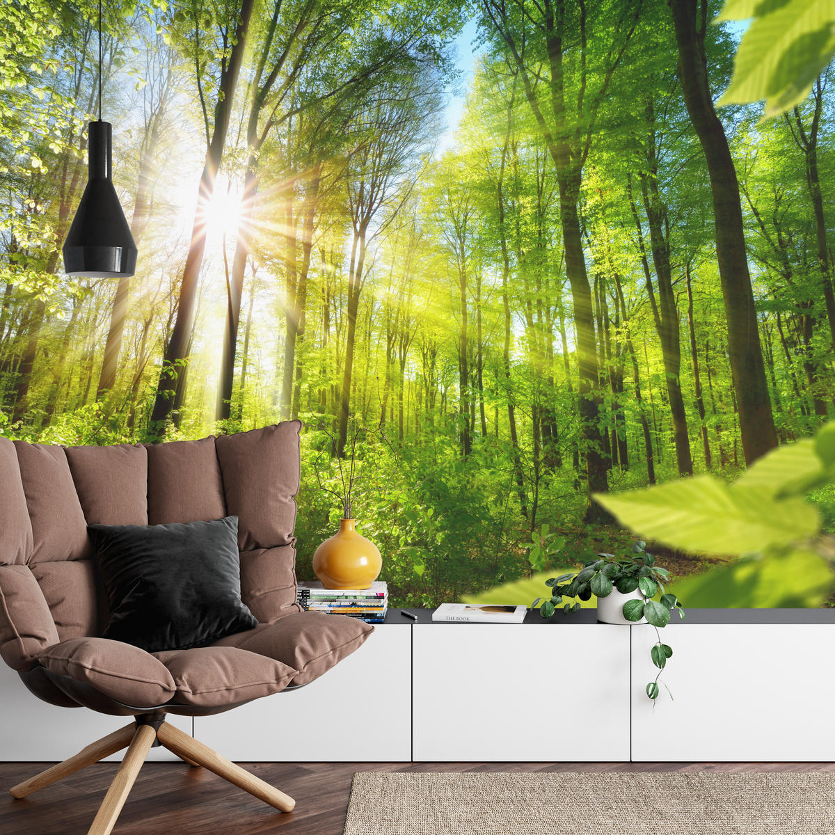 FOTOTAPETE für Wohnzimmer Sonnenaufgang zwischen Bäumen Wald 250x175 - Gelb/Grün, Papier (250/175cm) - Muralo