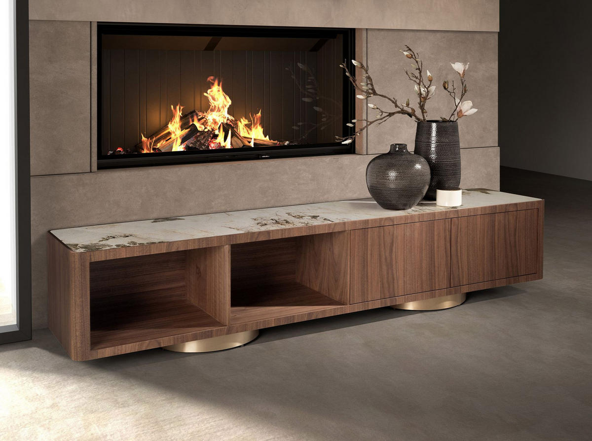 TV-MÖBEL Modell 3311 aus Nussbaum, Keramikmarmor und goldfarbenem Edelstahl - Goldfarben/Nussbaumfarben, Keramik/Holz (200/42/45cm) - ANGEL CERDA