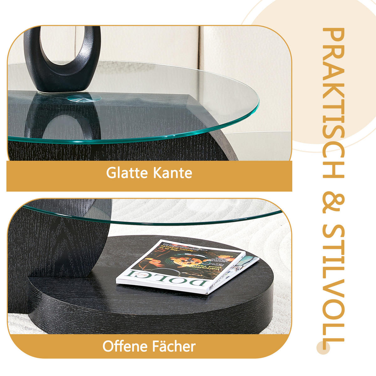 COUCHTISCH 70/50 cm aus MDF und Sicherheitsglas mit Ablage in Schwarz/Transparent - Transparent, Holzwerkstoff (70/70/44cm) - Flora Grace