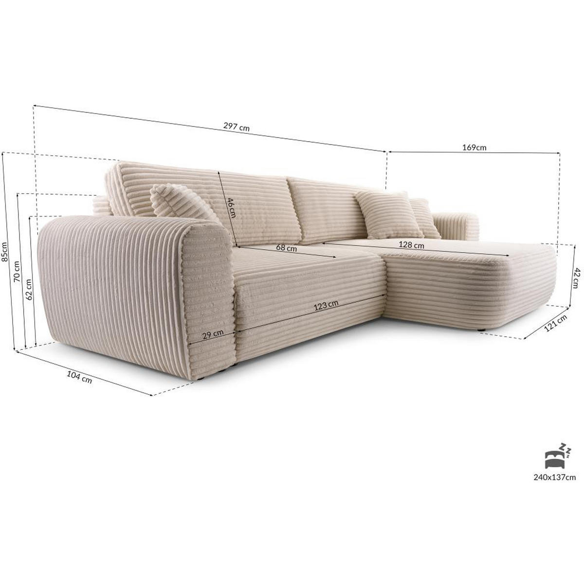 ECKSCHLAFSOFA Harmonia Beige rechts - Beige/Schwarz, Textil (297/169cm) - Beautysofa