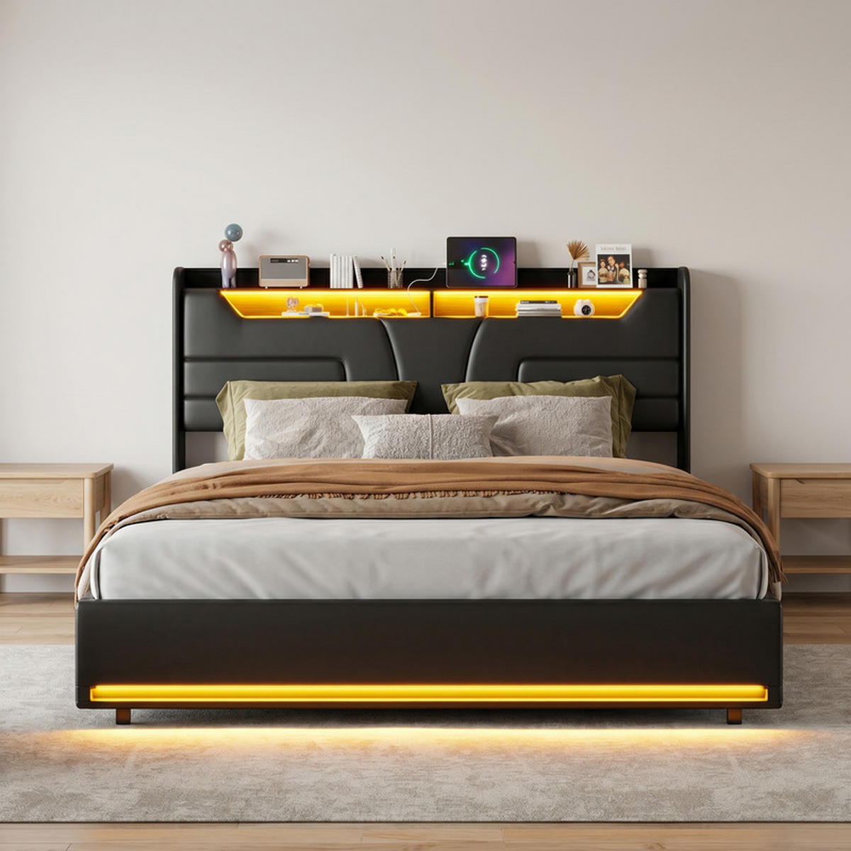 POLSTERBETT 160/200 cm schwarz mit Stauraum, LED und USB - Schwarz, Holz - SHOPENTRA