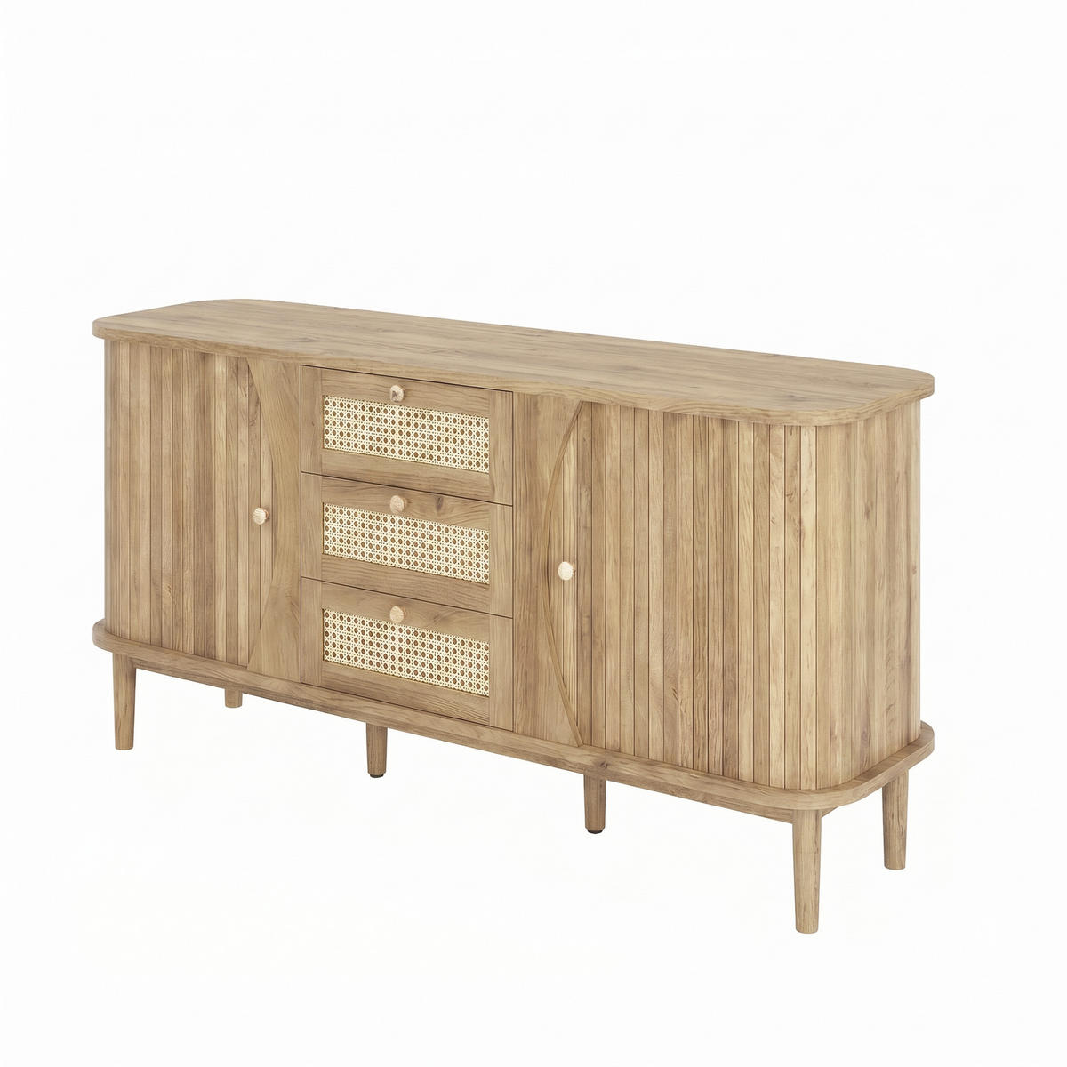 KOMODA od iverala 140,5x40x76 cm prirodna s kliznim vratima, podesivim policama i ratan ladicama - prirodne boje, drvni materijal (140.5/40/76cm) - Modfu