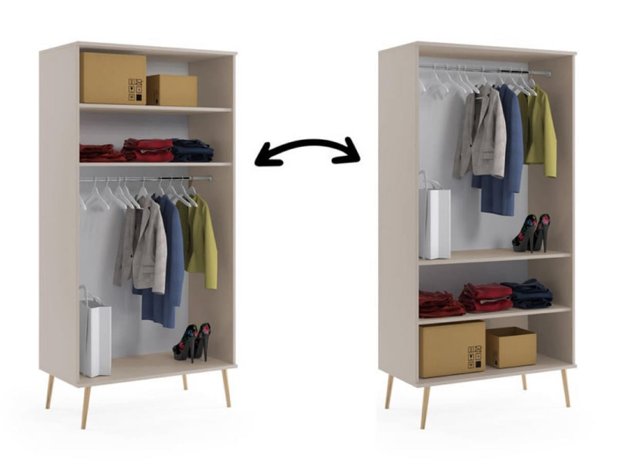 SCHRANK Kaschmir Boho Tiefe Holzbeine 2 Regale Und Kleiderstange - Kaschmir/Eichefarben, Holzwerkstoff (100/202/52cm) - Sepro Meble