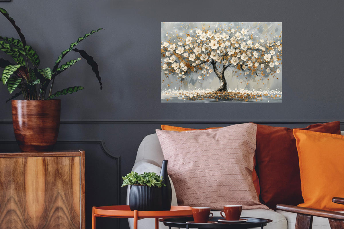 WANDTATTOO Baum - Blumen - Weiß - Natur - Kunst 60x40 cm - Weiß, Kunststoff (60/40/0.1cm) - MuchoWow