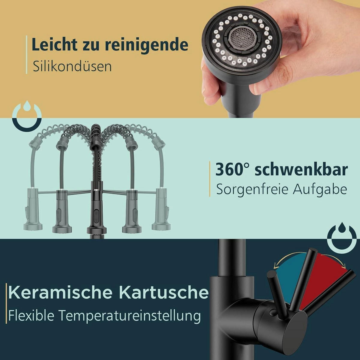 KÜCHENARMATUR Schwarz mit Ausziehbrause und 2 Strahlarten - Schwarz, Metall (5/43/27.5cm)