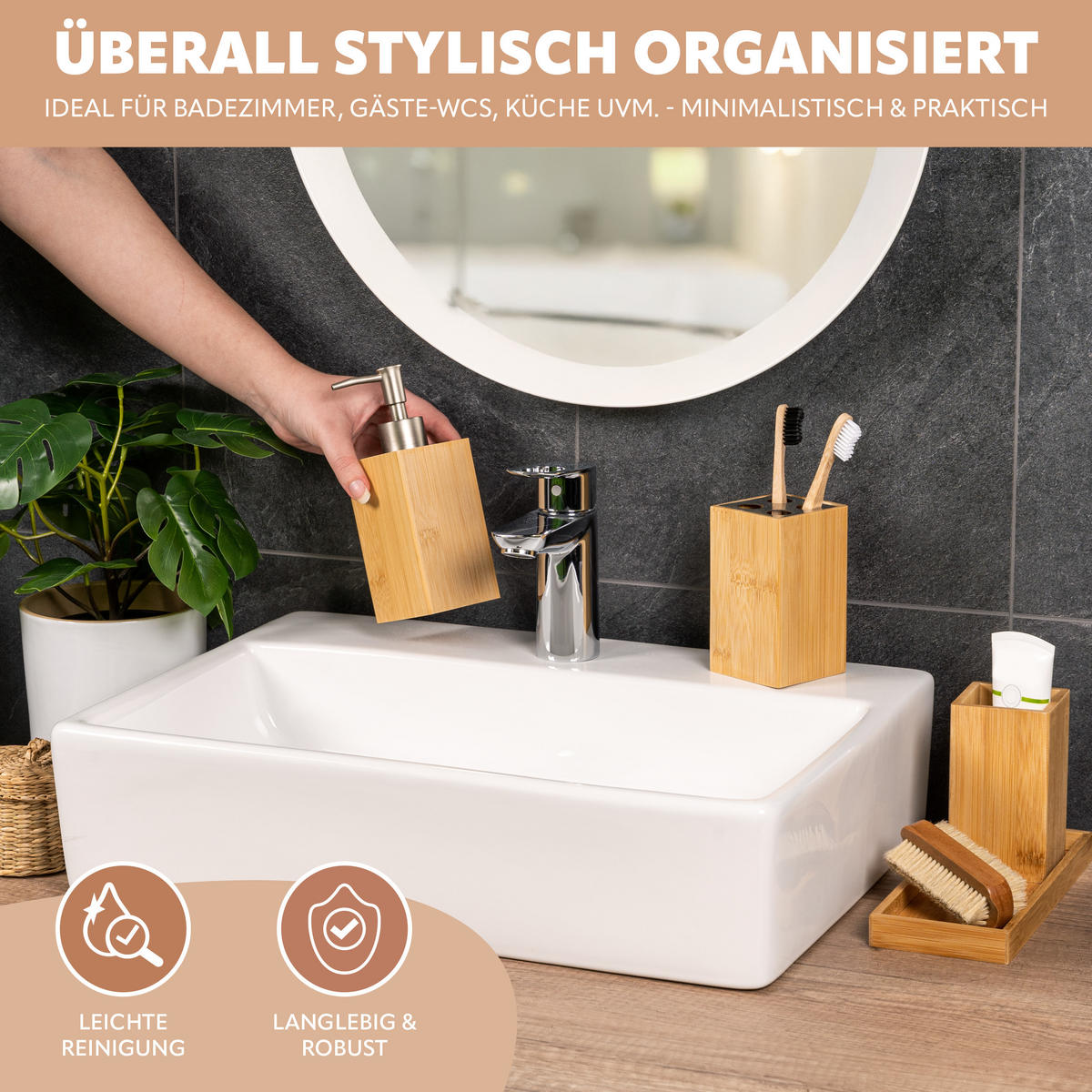 BADEZIMMER 4er-Set, Bambus - Braun, Holz (7/18/8cm) - bremermann