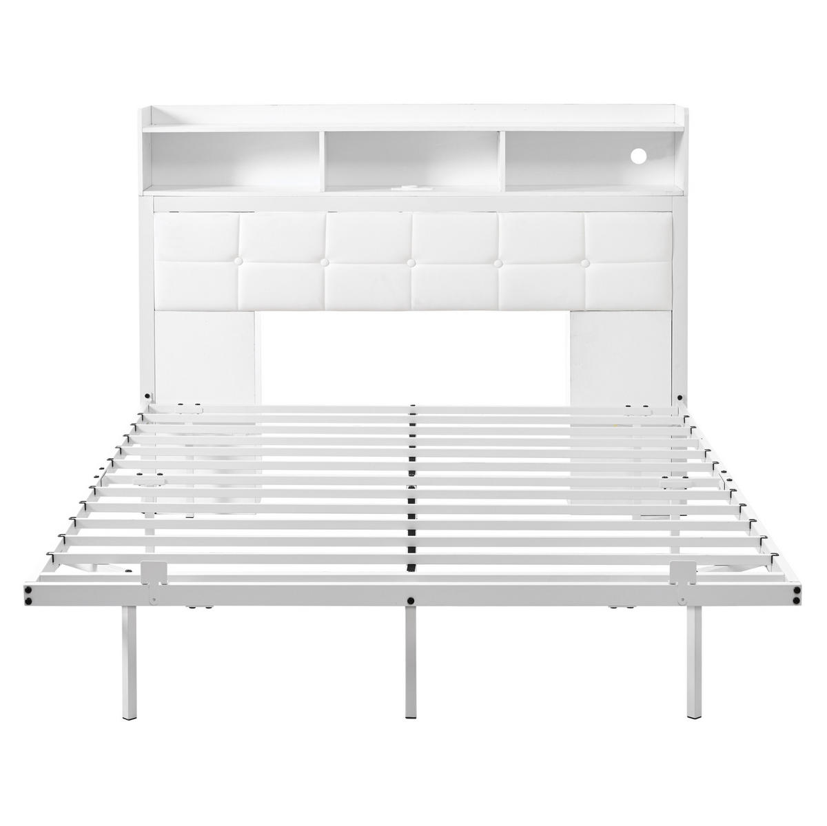 POLSTERBETT 140/190 cm mit LED, USB-/USB-C-Ladestation und 2 ausziehbaren Nachttischen, Weiß - Weiß, Metall (140/190cm) - Redom