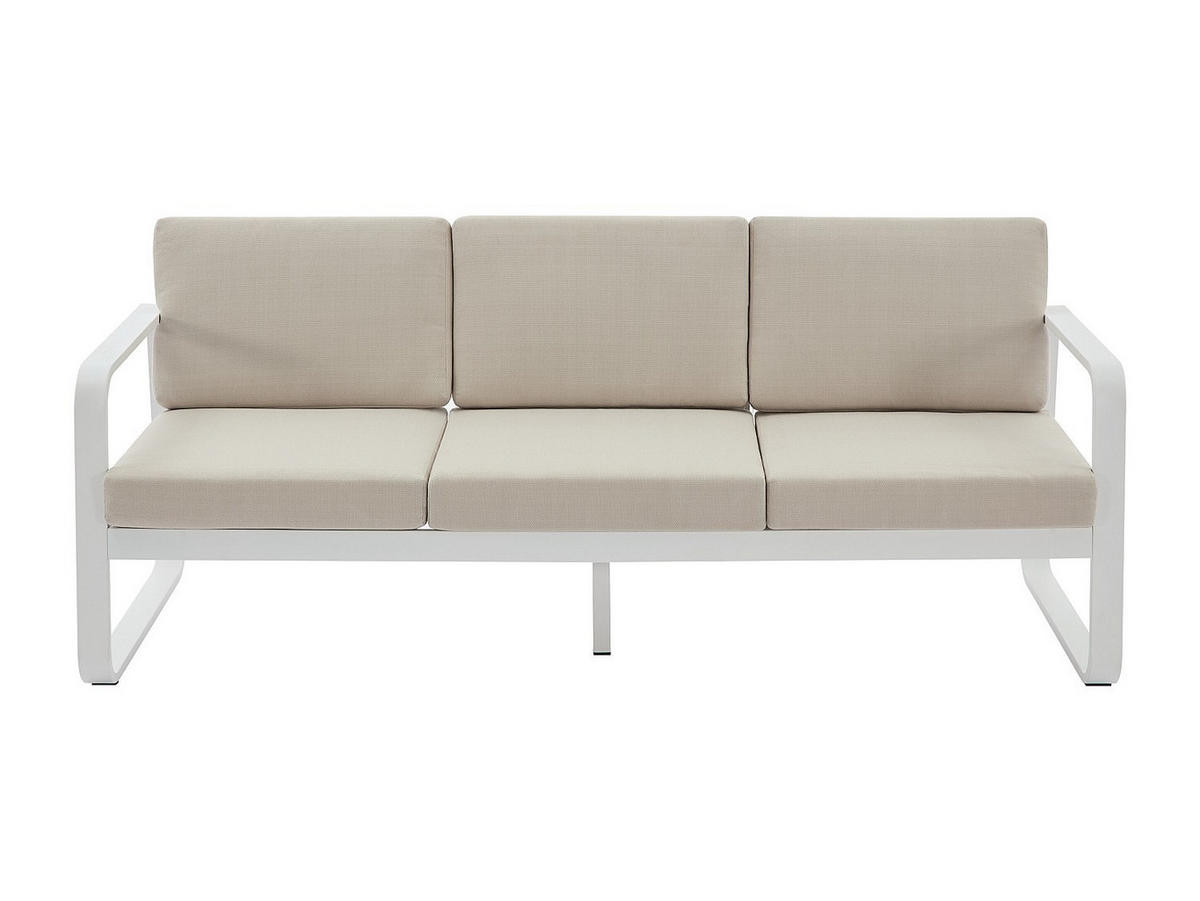 GARTENLOUNGE aus Aluminium: 1 Dreisitzer-Sofa und 1 Couchtisch – Weiß mit beigen Kissen – LOMIA von MYLIA - Beige/Weiß, Metall - Vente-Unique
