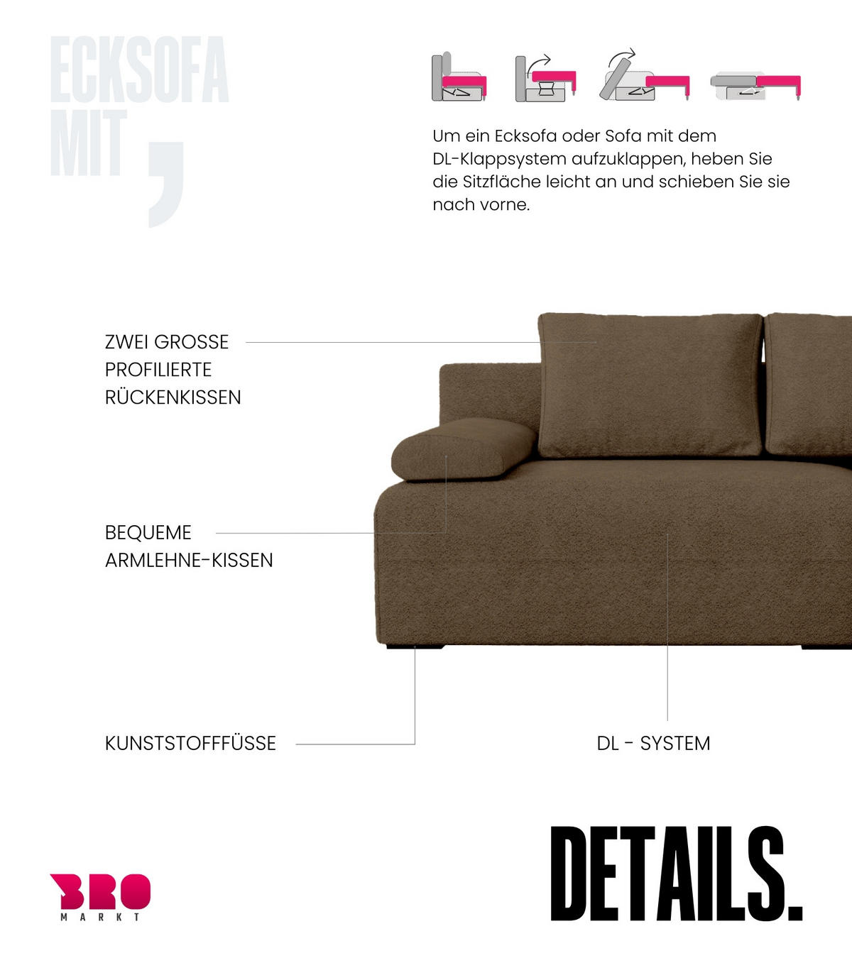 ECKSOFA Ernest mit Schlaffunktion Braun Bouclé - Braun, Textil (200/145cm) - Bromarkt
