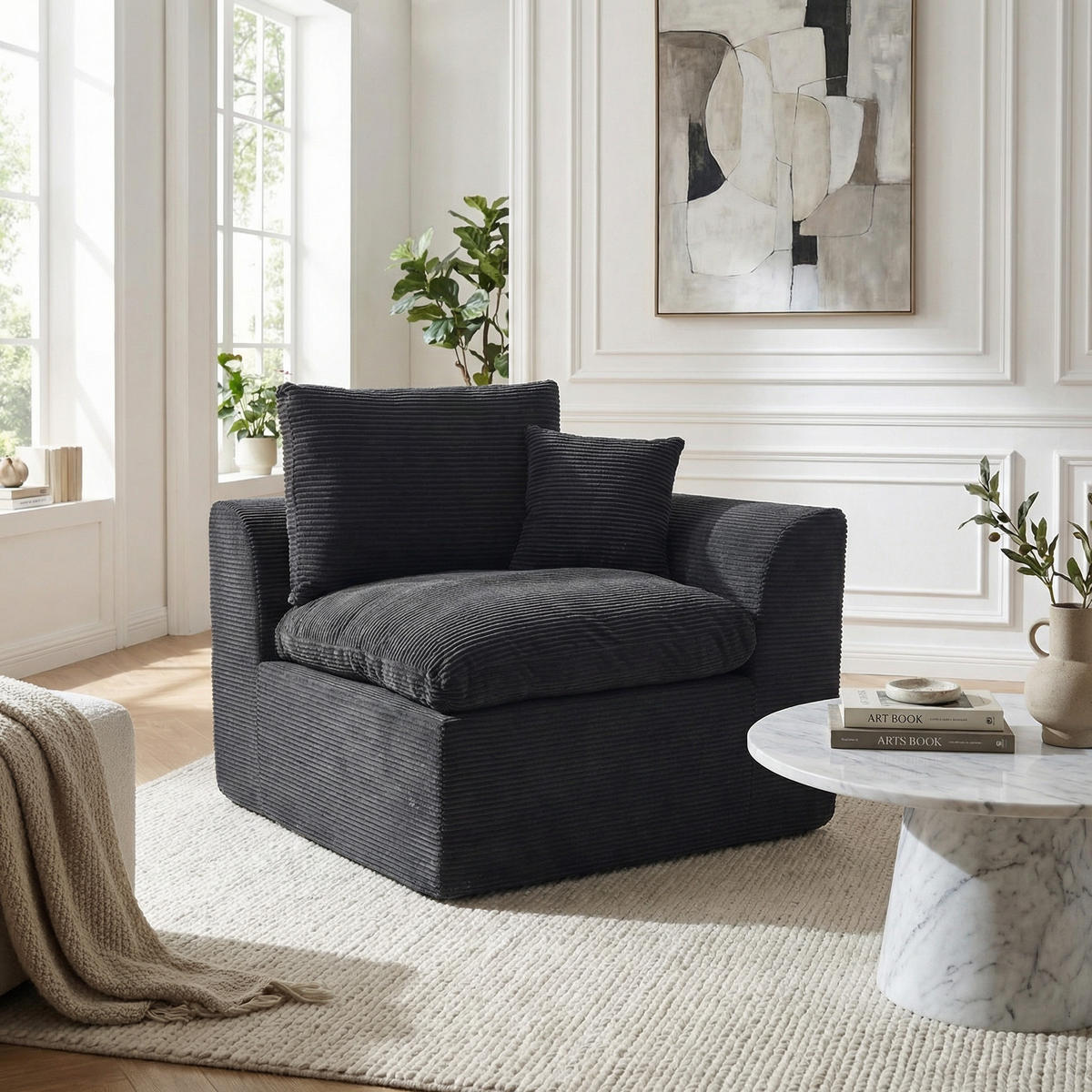 SESSEL Cord-Sofa mit Federkern-Polsterung und Kissen, Montagefrei - Schwarz, Textil (101/84/102cm) - Urban Meuble