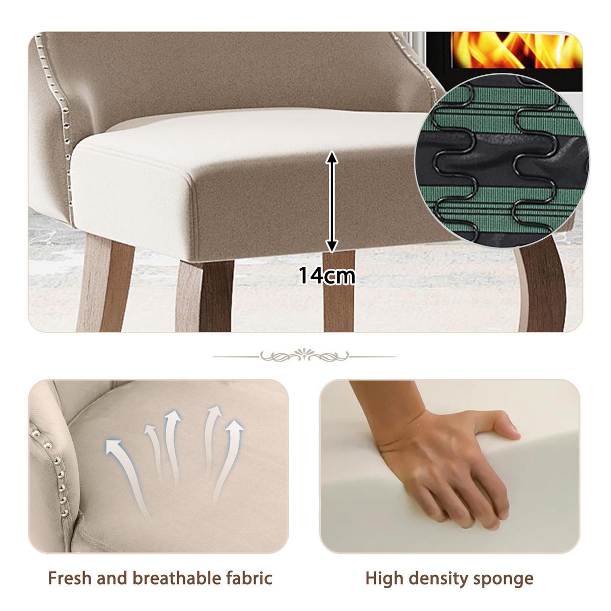 POLSTERSTUHL 4er-Set mit Knopfsteppung, Nagelkopfbesatz und Massivholzbeinen als Ess- und Wohnzimmerstuhl, beige - Beige, Textil (45/91/50cm) - Luhomfu
