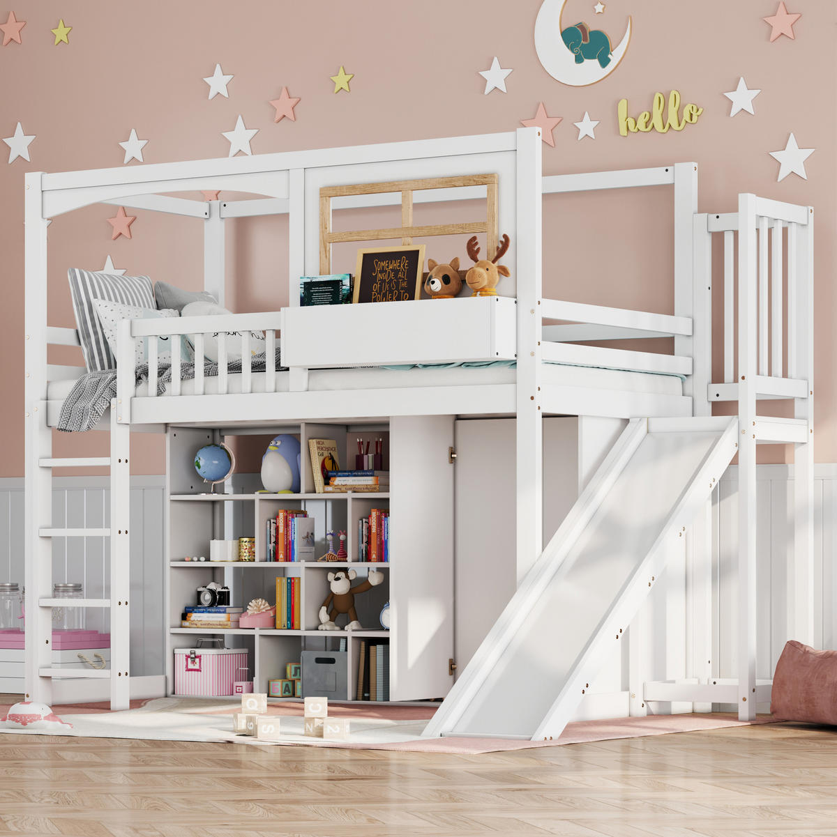 ETAGENBETT 90/200 cm in Weiß/Natur mit Rutsche, Kleiderschrank und Regal - Weiß, Holzwerkstoff (90/200cm) - OKMYHOME
