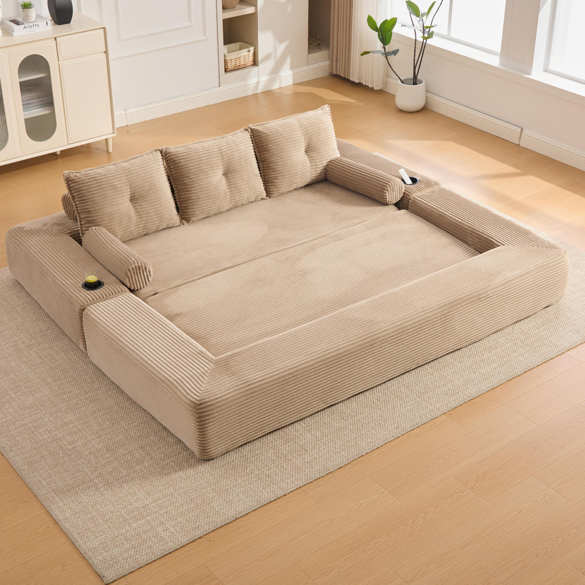 SCHLAFSOFA, 2-in-1 Klappsofa mit Getränkehalter, Modulares Bodensofa Cordstoff, Khaki - Hellbraun, Textil (232/80/98cm) - LVHOM