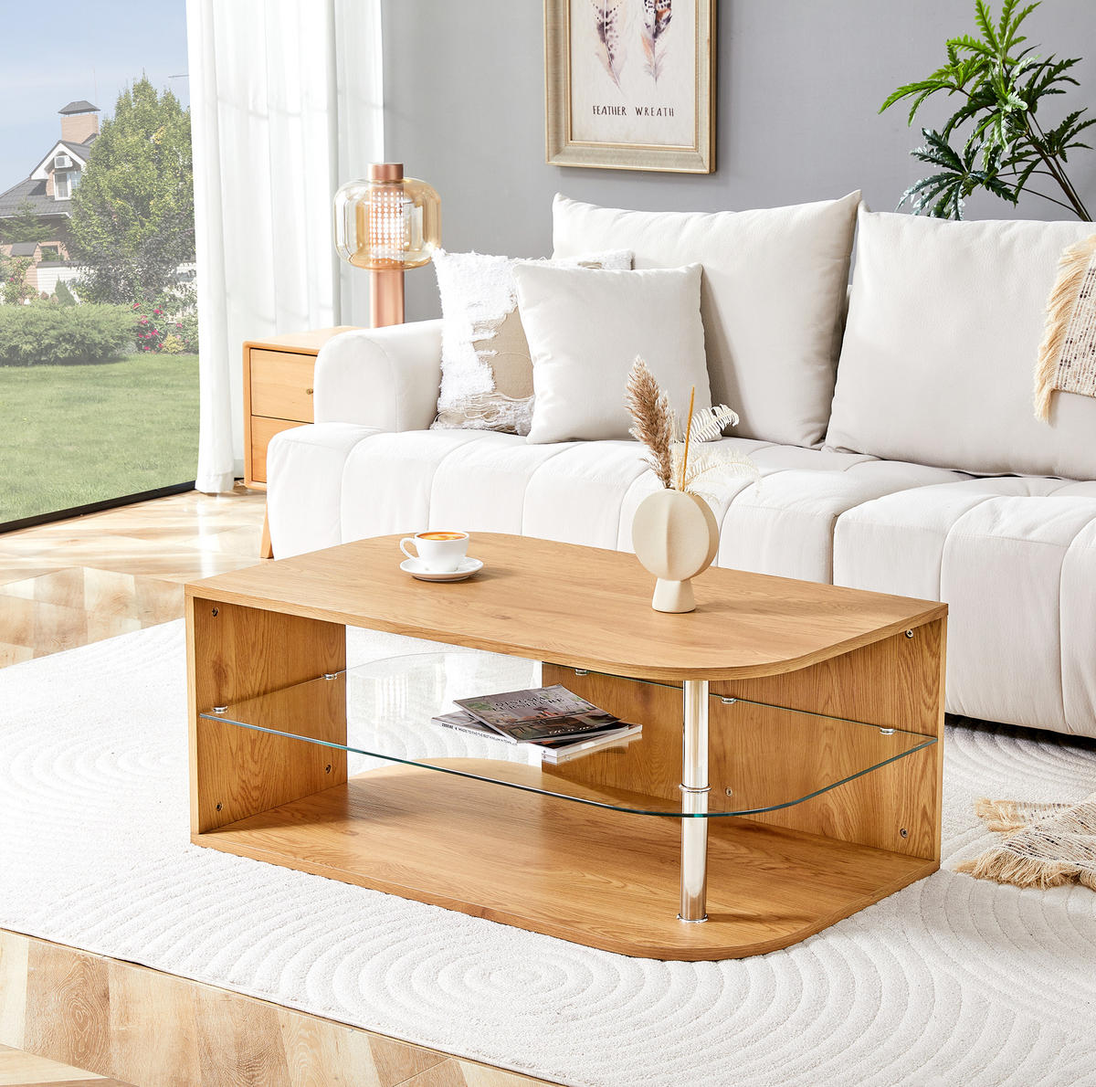 COUCHTISCH 100/60/42 cm in Naturholzoptik aus MDF und Glas mit Stauraum - Naturfarben, Holzwerkstoff (100/60/42cm) - OKMYHOME