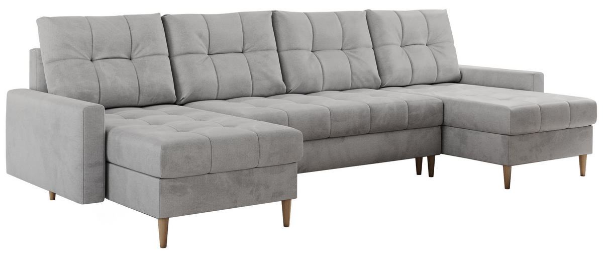 WOHNLANDSCHAFT Colin U Velvet Hellgrau - Hellgrau/Braun, Holz/Textil (290/75/140cm) - MKS