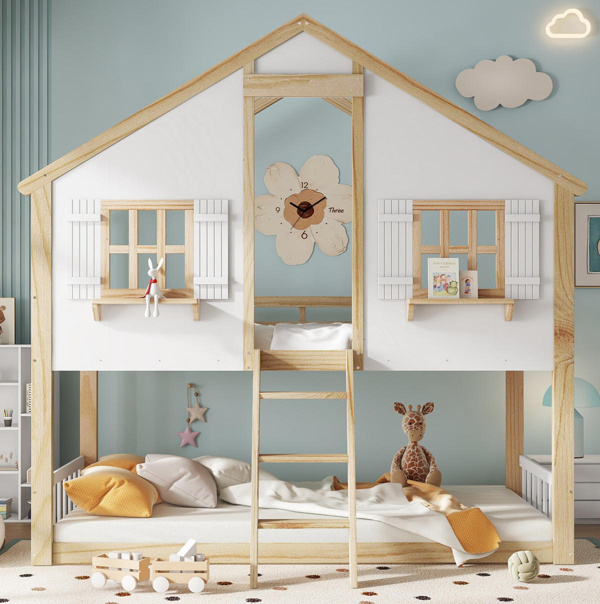 DOMČEKOVÁ posteľ, 90/200 cm masívne drevo + MDF biela/prírodná so strieškou a okienkami - biela, kompozitné drevo (90/200cm) - BEAOK