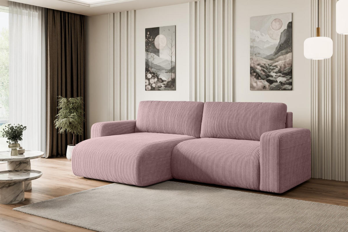 ECKSOFA mit Schlaffunktion und Bettkasten KLEEA-L - 247x143x83 cm Rosa Cord - Schwarz/Rosa, Holzwerkstoff/Kunststoff (247/143cm) - ALTDECOR