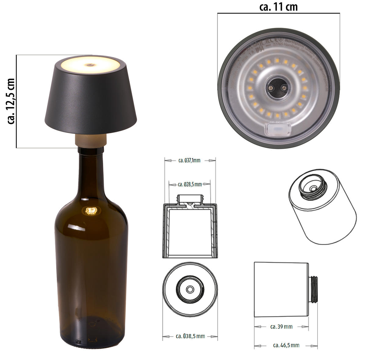 LED-AKKU-TISCHLAMPE - dimmbar mit Touchsensor und warmweißem Licht für Innen und Außen, grau - Grau, Metall (11/11/12.5cm) - Northpoint