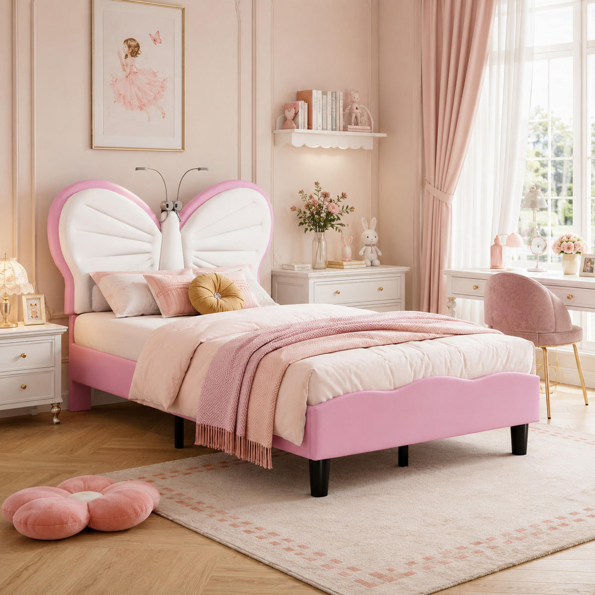 KINDERBETT 90/200 Rosa Schmetterling Polsterbett mit LED-Leseleuchte - Rosa, Metall (90/200cm) - Joyfair