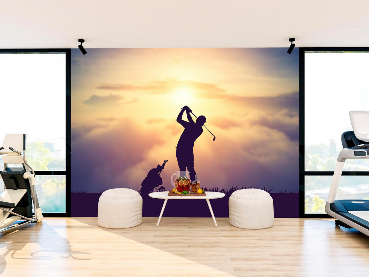 FOTOTAPETE für Jugendzimmer Golfer Sonnenuntergang Silhouette Sport 200x140 - Gelb/Violett, Papier (200/140cm) - Muralo