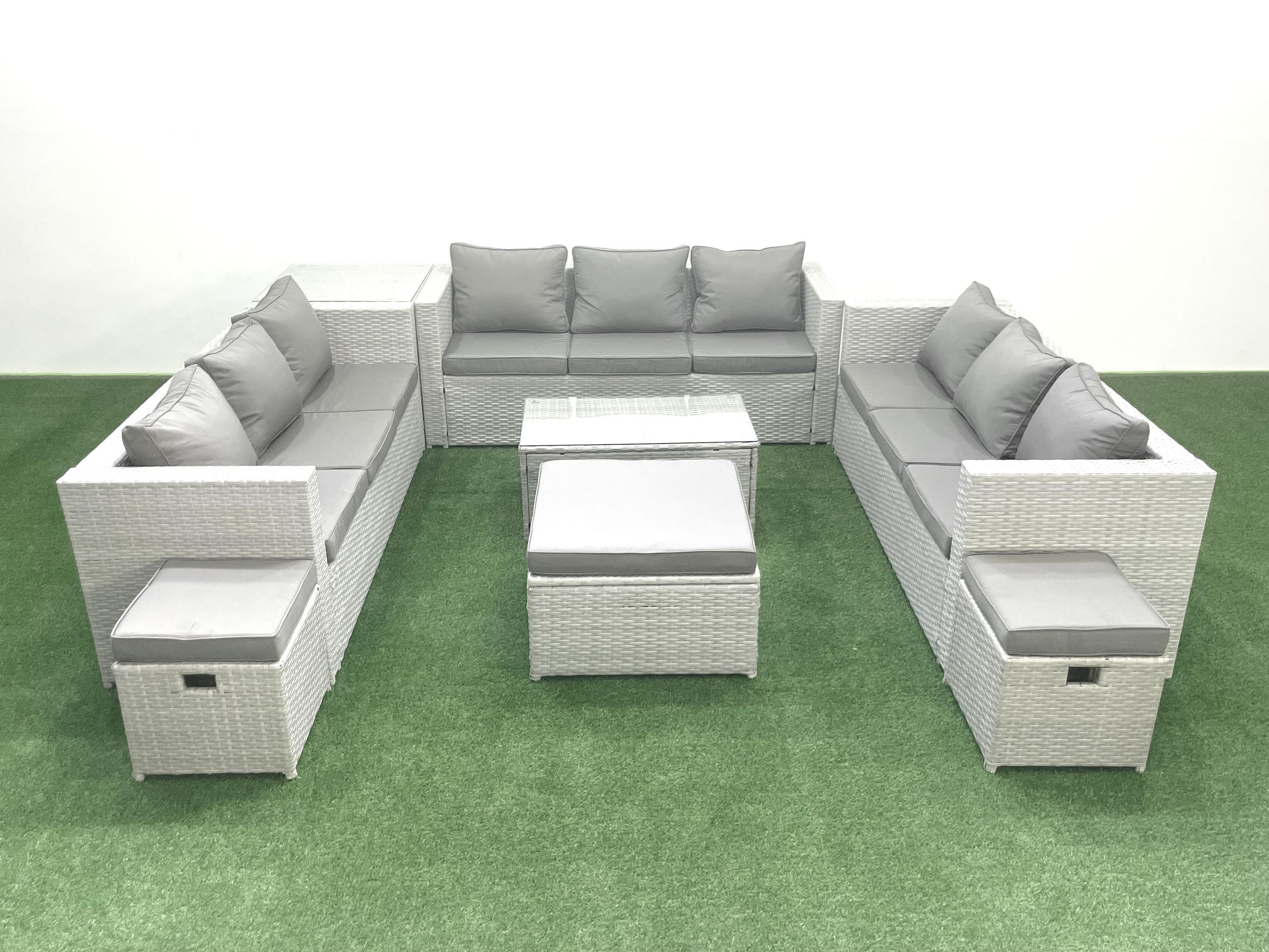 GARTENSET mit 3-SITZER SOFA,COUCHTISCH Polyrattan Hellgrau-Mix 12-Sitzer - Hellgrau/Grau, Glas/Kunststoff - Fimous