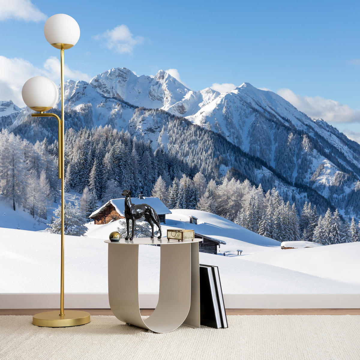 FOTOTAPETE für Wohnzimmer Felsige Berge Winter Tannen Holzhütten Schnee 300x210 - Braun/Weiß, Papier (300/210cm) - Muralo