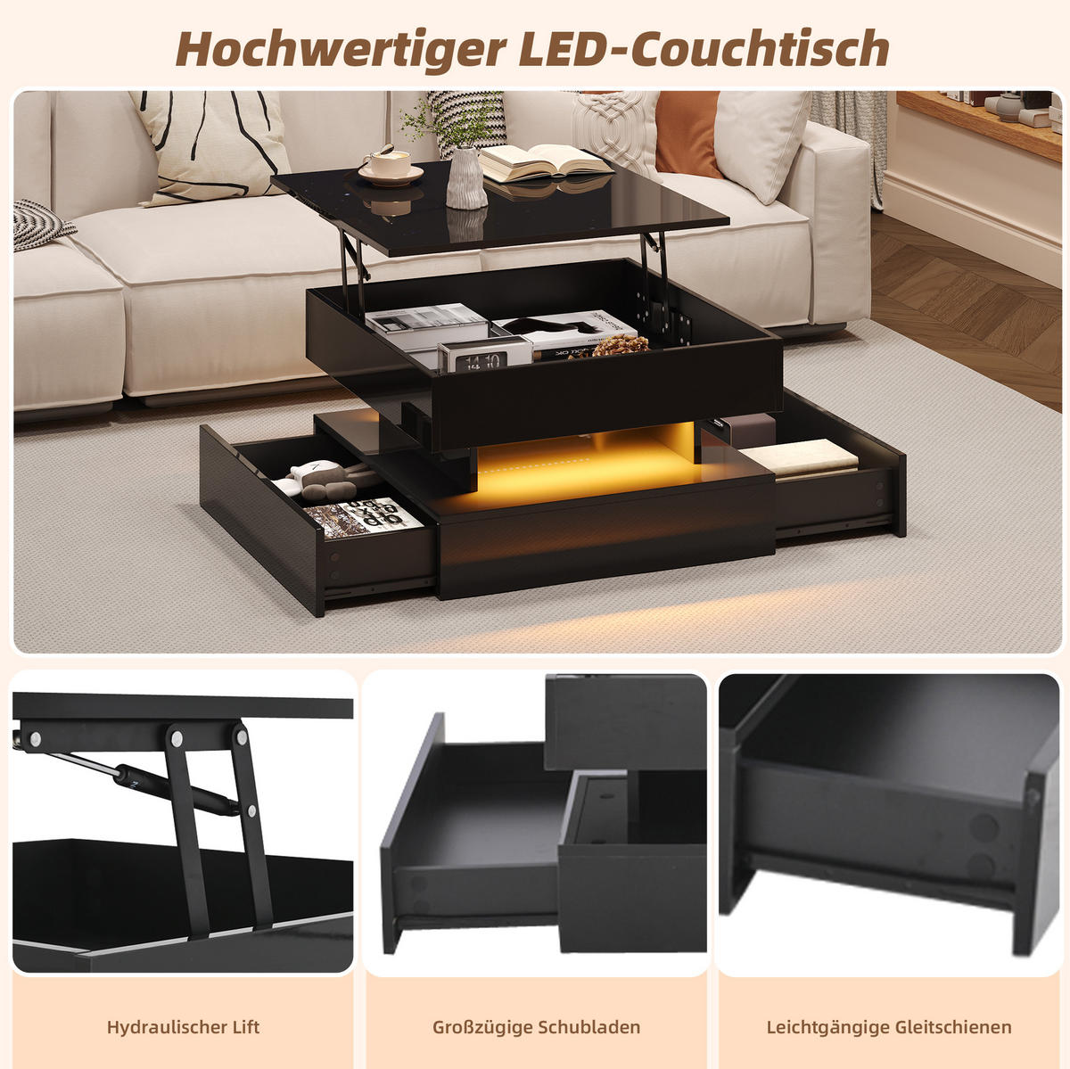 COUCHTISCH 65/65/38,5 cm in Schwarz, höhenverstellbar mit LED-Beleuchtung - Schwarz, Holzwerkstoff (65/65/38.5cm) - Flora Grace